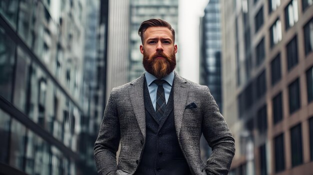 A Man in a Suit Stands in Front of an Urban Skyline