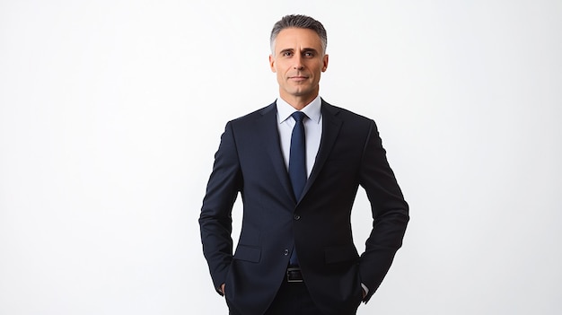 a man in a suit stands in front of a white background