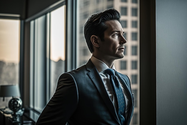 A man in a suit stands in front of a window looking out at a cityscape.