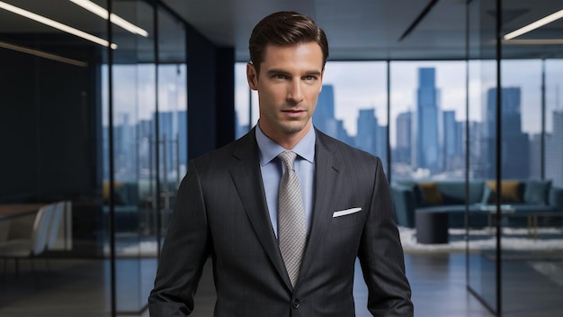 a man in a suit stands in front of a window with a city behind him