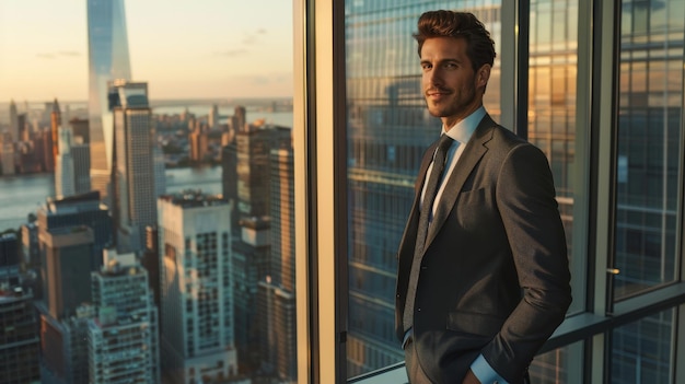 a man in a suit stands in front of a window with a city view in the background