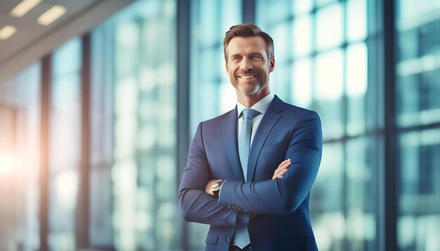 Photo a man in a suit stands in front of a window with his arms crossed