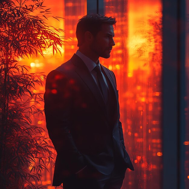 Photo a man in a suit stands in front of a window with a red background