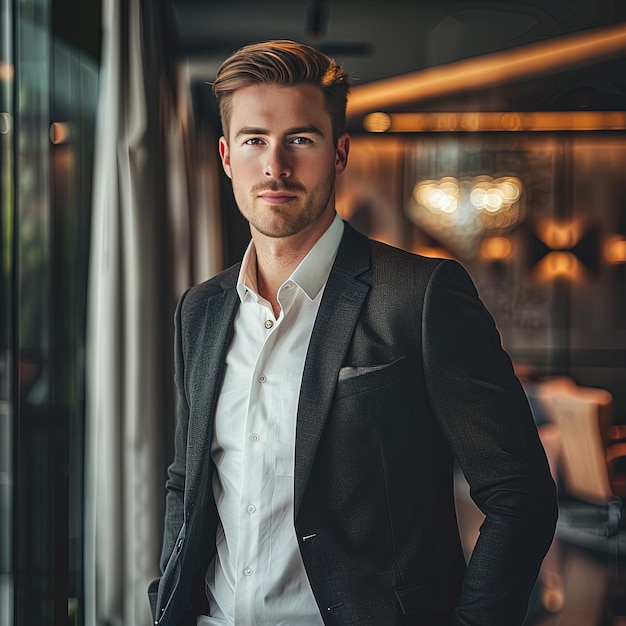 Photo a man in a suit stands in front of a window