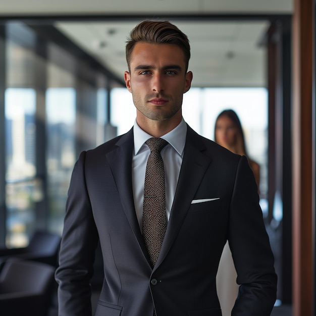 a man in a suit stands in front of a window