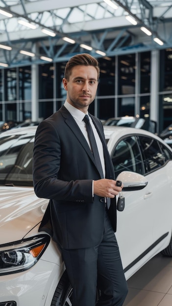 A man in a suit stands holding the car keys next to a white car getting a new car with a car showro