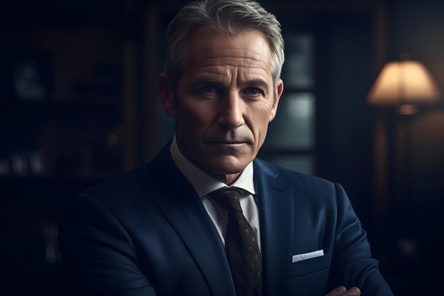 A man in a suit stands in office blurred background