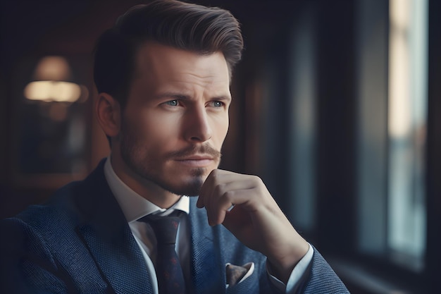 A man in a suit stands in office blurred background