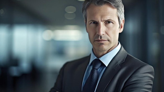 A man in a suit stands in an office building with his arms crossed.