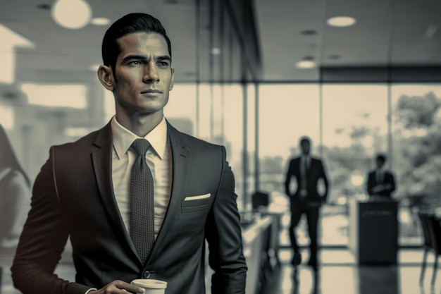 A man in a suit stands in an office with a man in a suit and a tie.