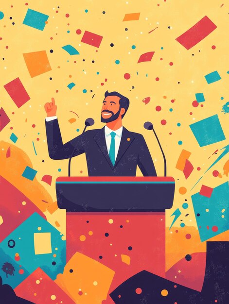 Photo a man in a suit stands at a podium raising his hand in a gesture of confidence as confetti fa