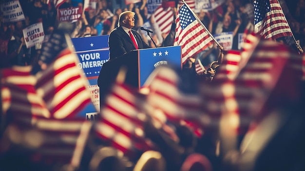 Photo a man in a suit stands at a podium with a flag that says quot your autograph quot