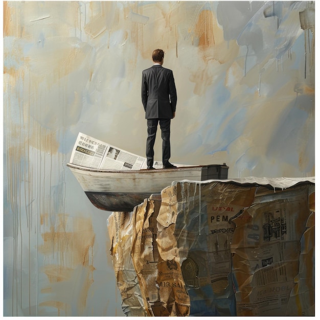 Man in a Suit Stands on a Precarious Boat on a Cliff