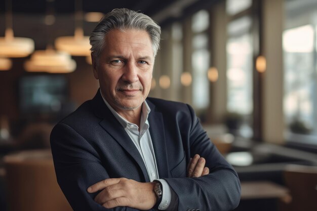 A man in a suit stands in a restaurant with his arms crossed.