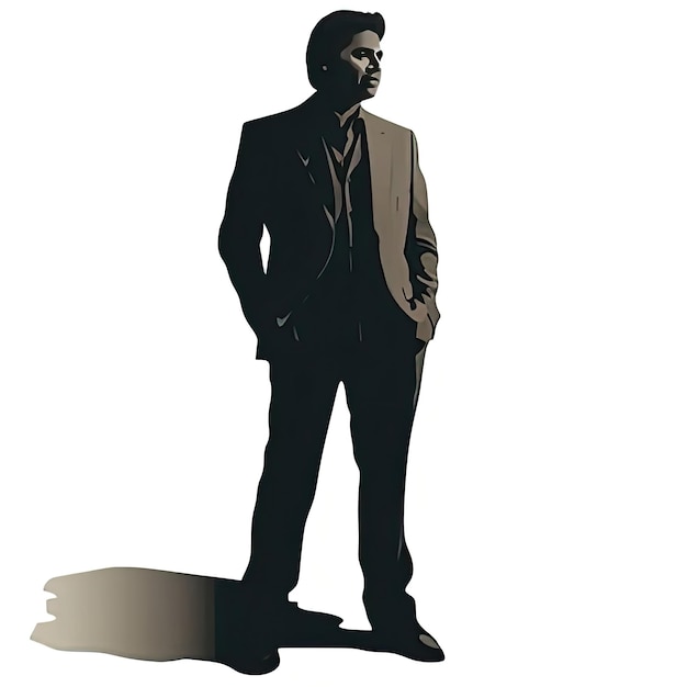 Photo a man in a suit stands on a skateboard with a shadow of a man on it