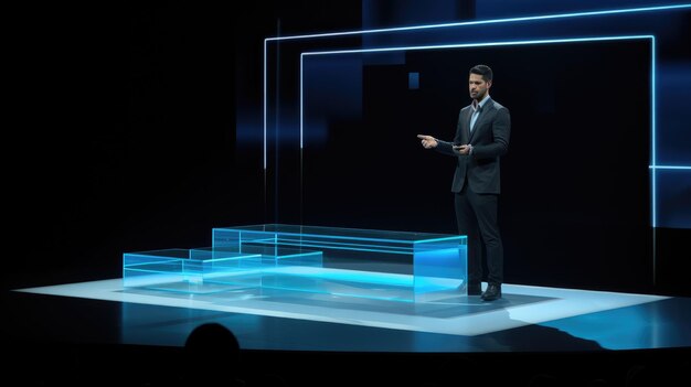 Photo a man in a suit stands on a stage with blue neon lights delivering a presentation he points to the side engaging his audience