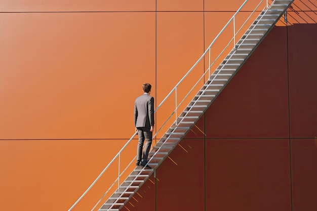 A man in a suit stands on a staircase leading to the top