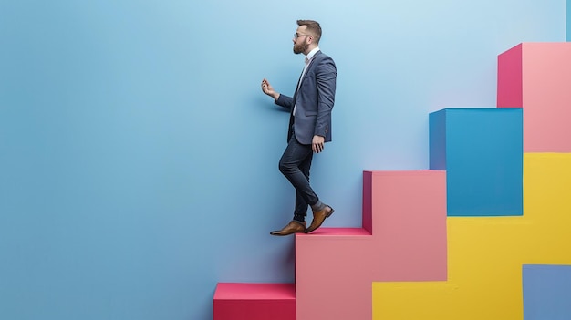 a man in a suit stands on a step in front of a blue wall with colorful stairs