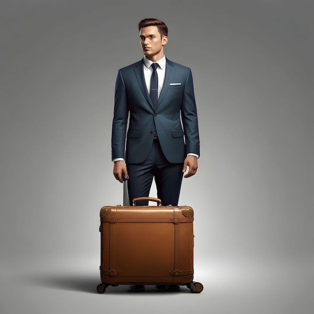 a man in a suit stands next to a suitcase with a suit on it