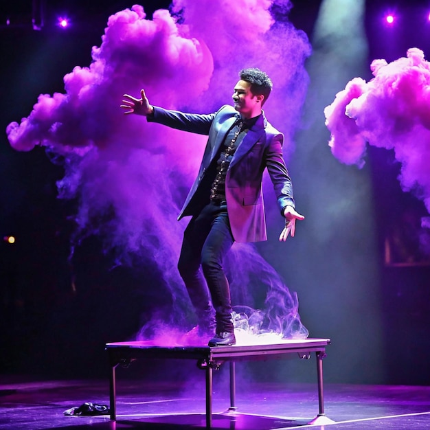 Photo a man in a suit stands on a table in front of a purple cloud