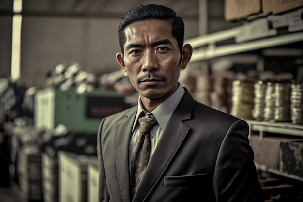 A man in a suit stands in a warehouse with a sign that says'the man is wearing a suit. '