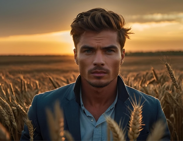 a man in a suit stands in a wheat field with the sun behind him