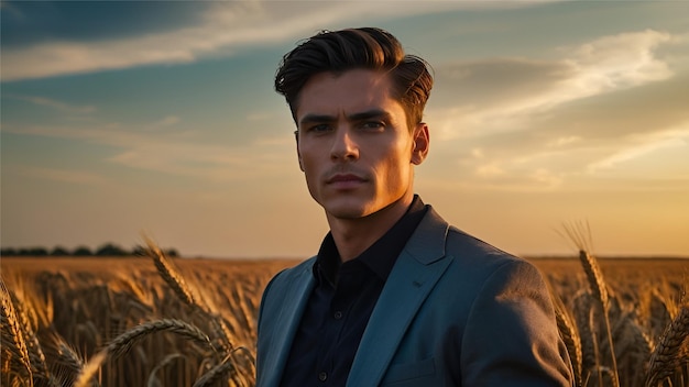 a man in a suit stands in a wheat field with the sun behind him