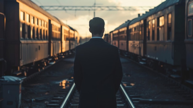 A man in a suit stands with back to the camera gazing out at the vintage train carriages that are