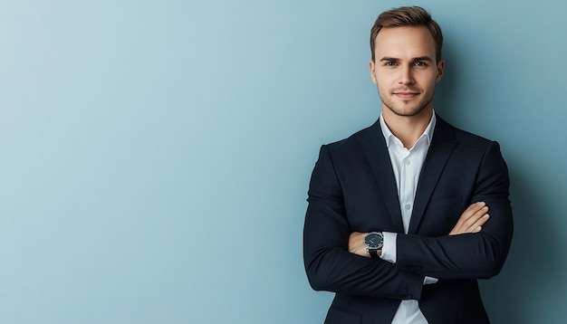 Photo a man in a suit stands with his arms crossed