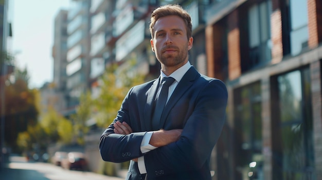 a man in a suit stands with his arms crossed