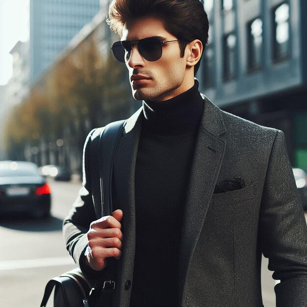 Photo a man in a suit and sunglasses is walking down the street