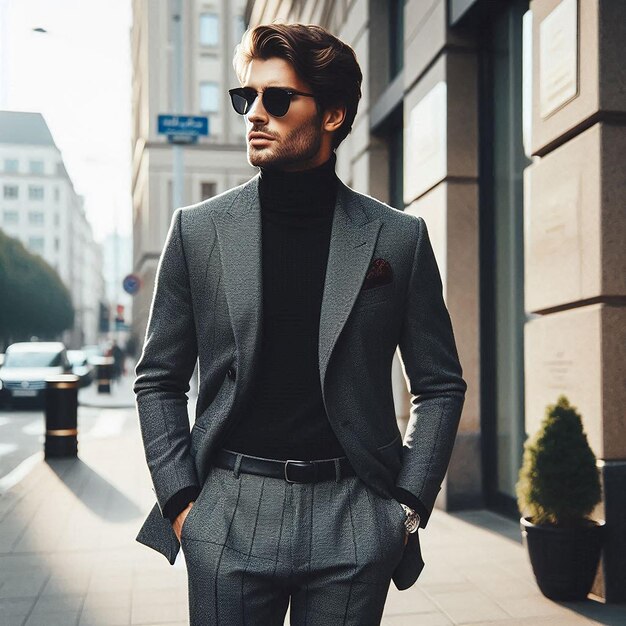 Photo a man in a suit and sunglasses is walking down the street