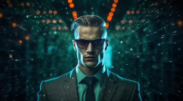 A man in a suit and sunglasses stands in front of a neon light.