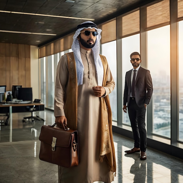 a man in a suit and sunglasses stands in an office with a man in a suit and a briefcase