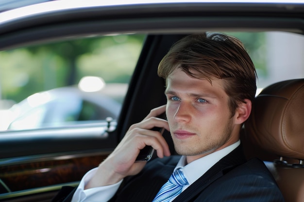 Man in suit talking on phone in car