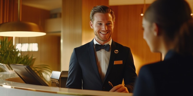 Photo man in suit talking to woman