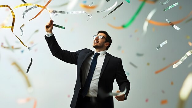 A man in a suit throws confetti in the air celebrating