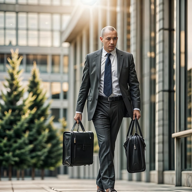 a man in a suit and tie carrying two bags