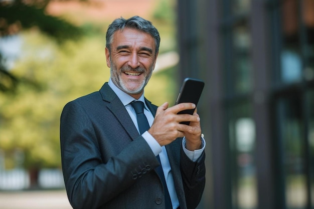 a man in a suit and tie holding a cell phone