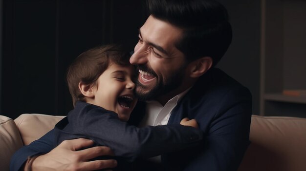 A man in a suit and tie hugging a his son