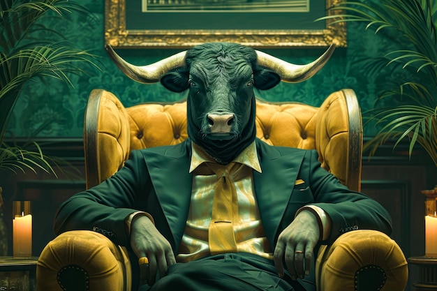 Man in suit and tie is sitting on chair with horns coming out of his head