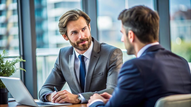 Photo a man in a suit and tie is sitting at a table with another man