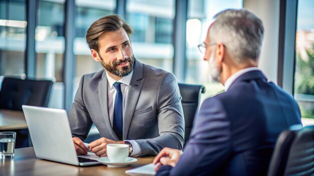 Photo a man in a suit and tie is sitting at a table with two other men