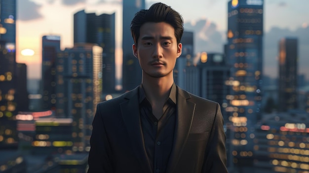 a man in a suit and a tie is standing in front of a city skyline