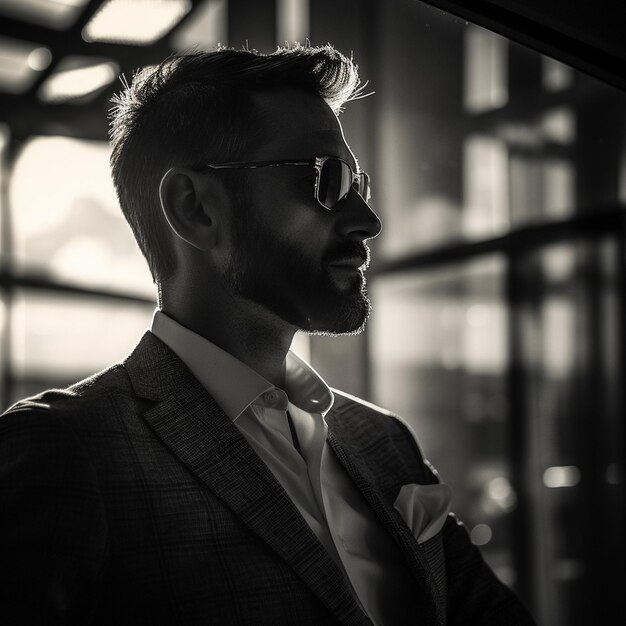 a man in a suit and tie is standing in front of a window.