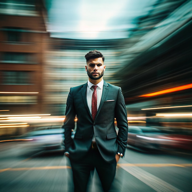 a man in a suit and tie is standing in the street