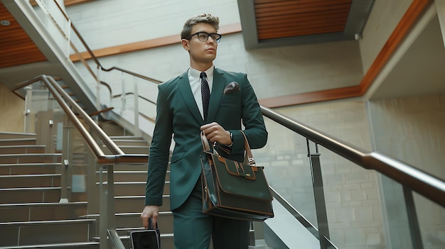 Photo a man in a suit and tie is walking down a staircase