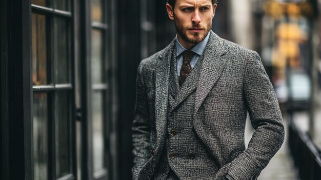 Photo a man in a suit and tie is walking down a street