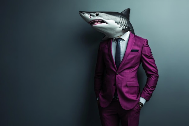 A man in a suit and tie is wearing a shark mask