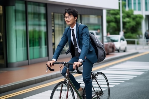 a man in a suit and tie rides a bike down a street.